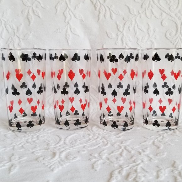Vintage Set of 4 Glass Tumblers Playing Card Suits Cocktail Glasses - Picture 2 of 4